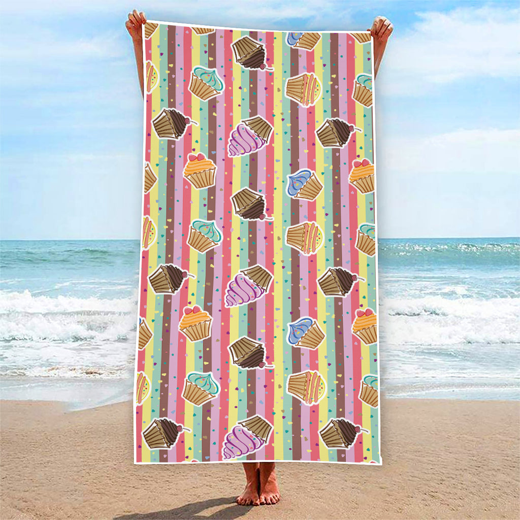 Pastel Striped Cupcake Pattern Print Beach Towel