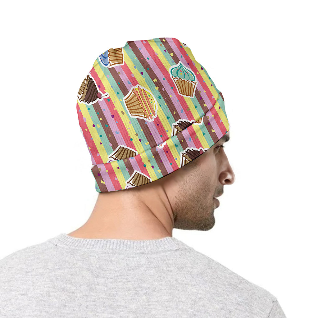 Pastel Striped Cupcake Pattern Print Beanie