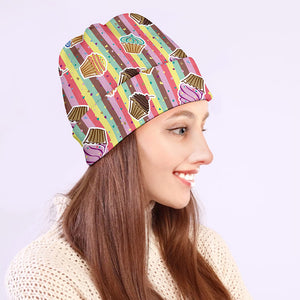 Pastel Striped Cupcake Pattern Print Beanie