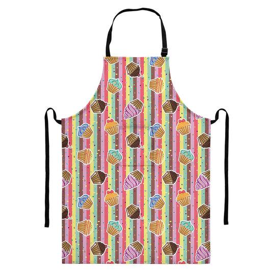 Pastel Striped Cupcake Pattern Print Bib Apron With Pocket