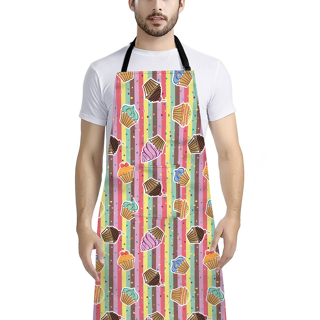 Pastel Striped Cupcake Pattern Print Bib Apron With Pocket