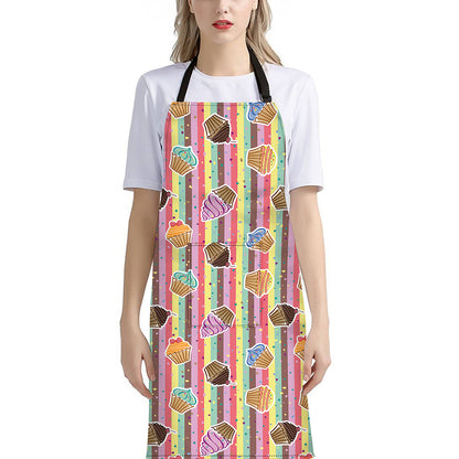 Pastel Striped Cupcake Pattern Print Bib Apron With Pocket