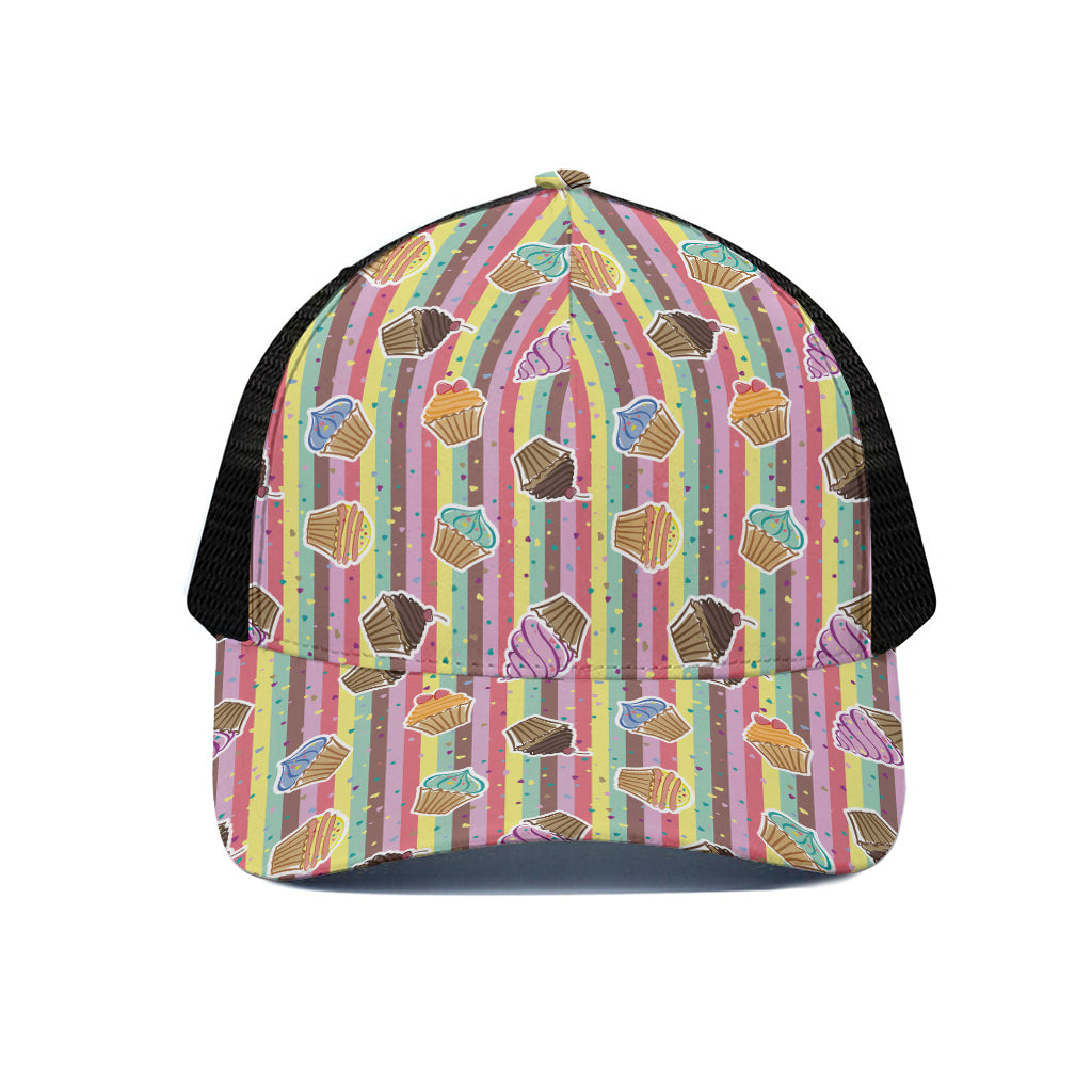 Pastel Striped Cupcake Pattern Print Black Mesh Trucker Cap