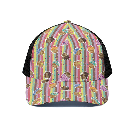 Pastel Striped Cupcake Pattern Print Black Mesh Trucker Cap