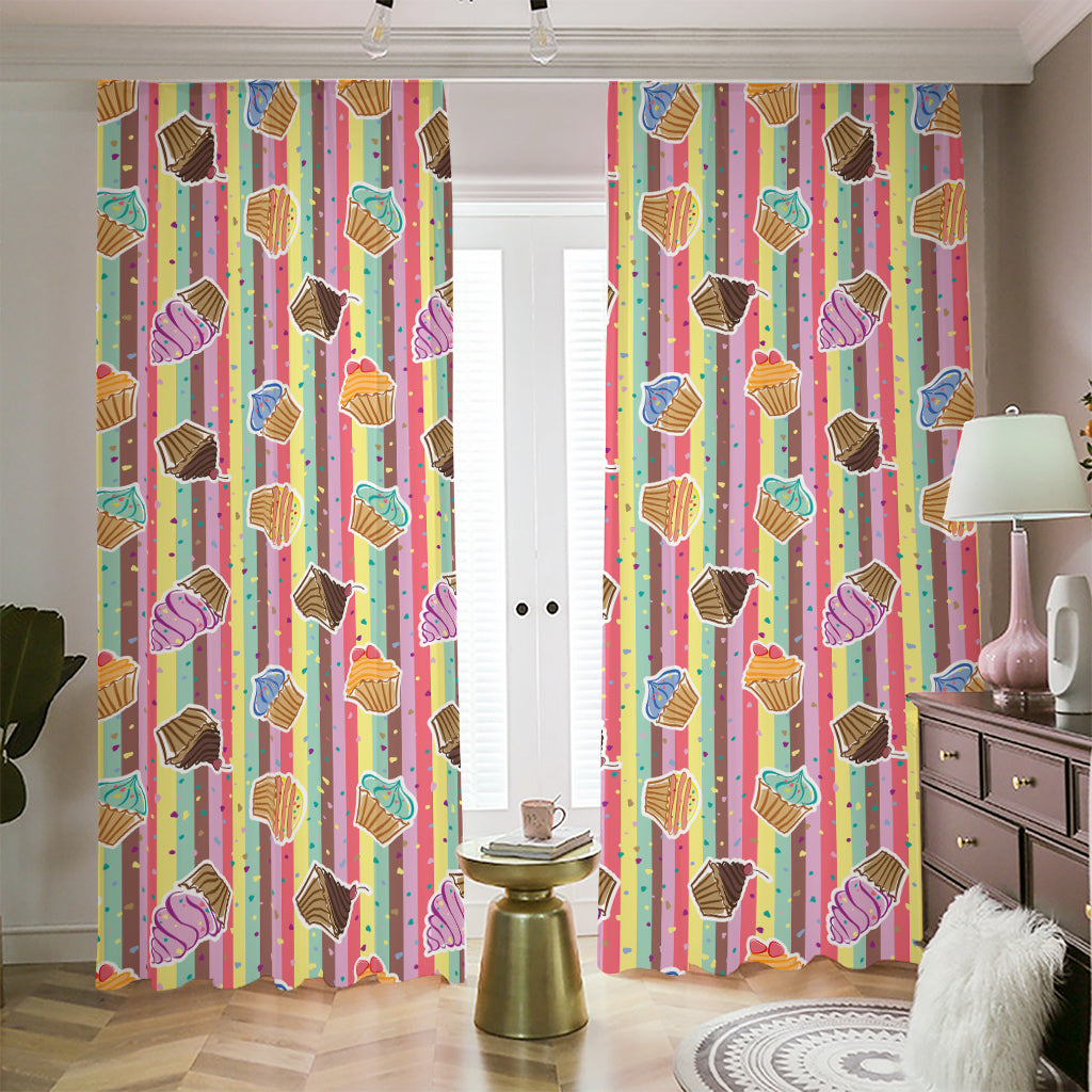 Pastel Striped Cupcake Pattern Print Blackout Pencil Pleat Curtains