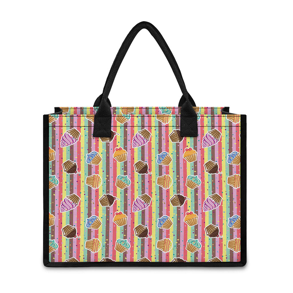 Pastel Striped Cupcake Pattern Print Canvas Tote Bag