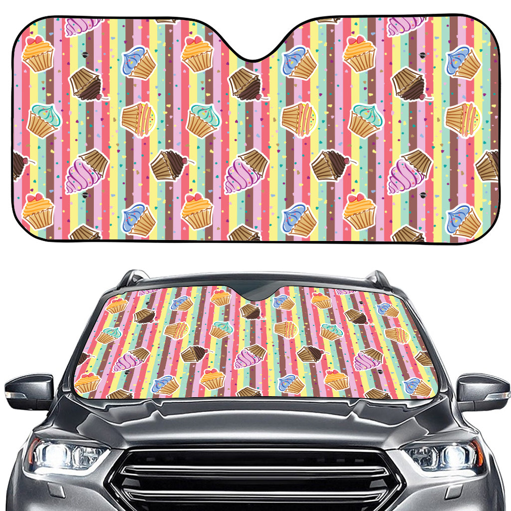 Pastel Striped Cupcake Pattern Print Car Windshield Sun Shade