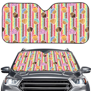 Pastel Striped Cupcake Pattern Print Car Windshield Sun Shade