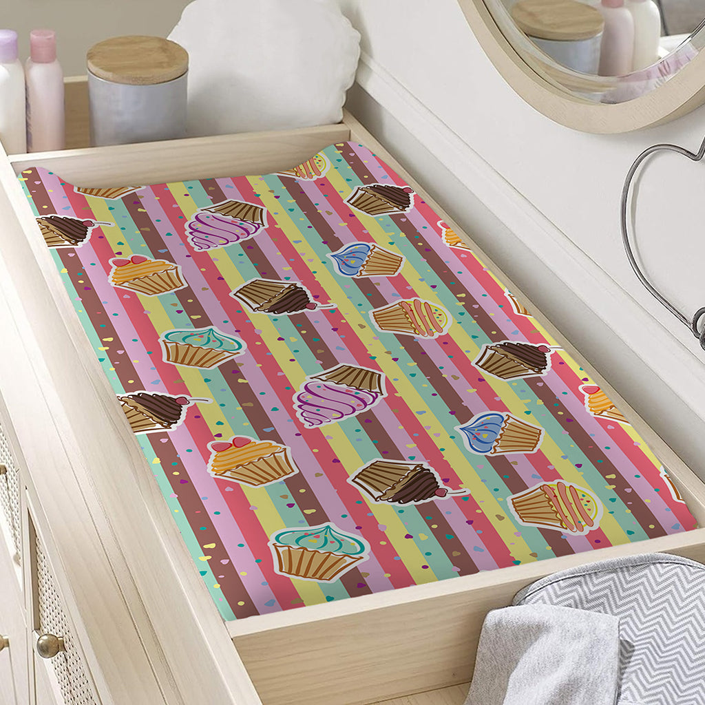 Pastel Striped Cupcake Pattern Print Changing Pad Cover