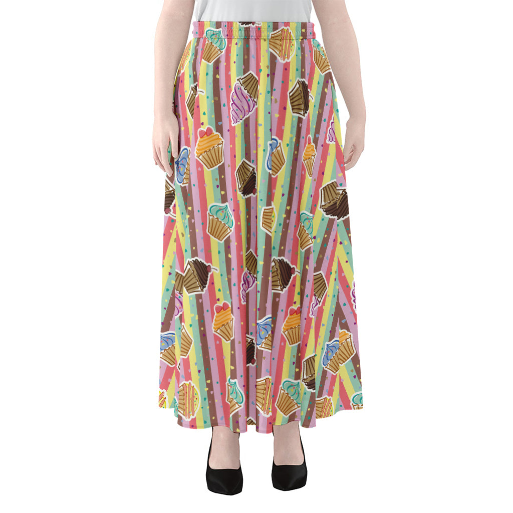 Pastel Striped Cupcake Pattern Print Chiffon Maxi Skirt