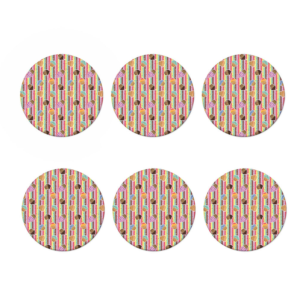 Pastel Striped Cupcake Pattern Print Coaster Set