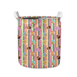 Pastel Striped Cupcake Pattern Print Collapsible Laundry Basket