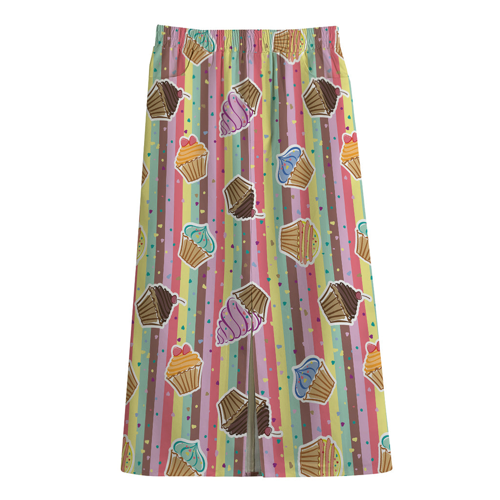 Pastel Striped Cupcake Pattern Print Cotton Front Slit Maxi Skirt