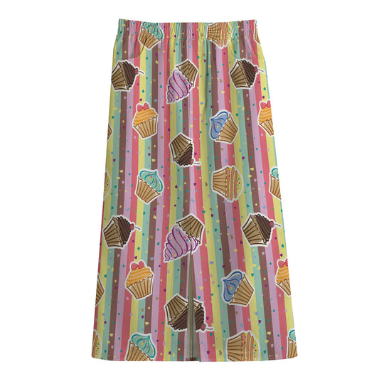 Pastel Striped Cupcake Pattern Print Cotton Front Slit Maxi Skirt