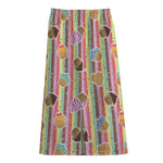 Pastel Striped Cupcake Pattern Print Cotton Front Slit Maxi Skirt