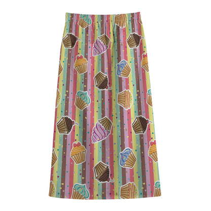 Pastel Striped Cupcake Pattern Print Cotton Front Slit Maxi Skirt