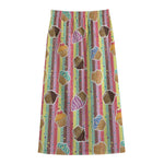 Pastel Striped Cupcake Pattern Print Cotton Front Slit Maxi Skirt
