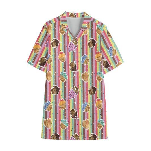 Pastel Striped Cupcake Pattern Print Cotton Hawaiian Shirt