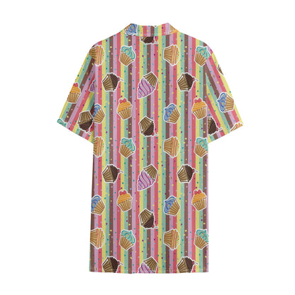 Pastel Striped Cupcake Pattern Print Cotton Hawaiian Shirt