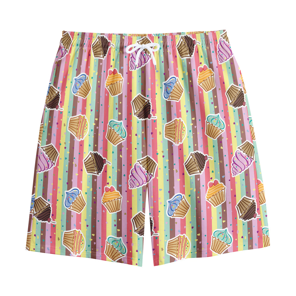 Pastel Striped Cupcake Pattern Print Cotton Shorts