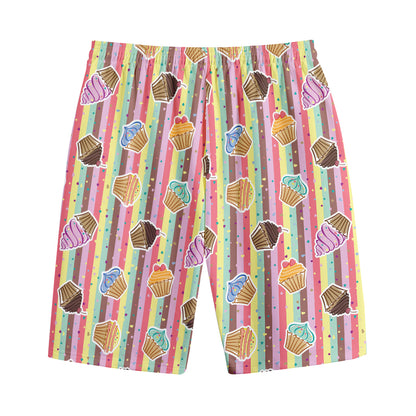 Pastel Striped Cupcake Pattern Print Cotton Shorts