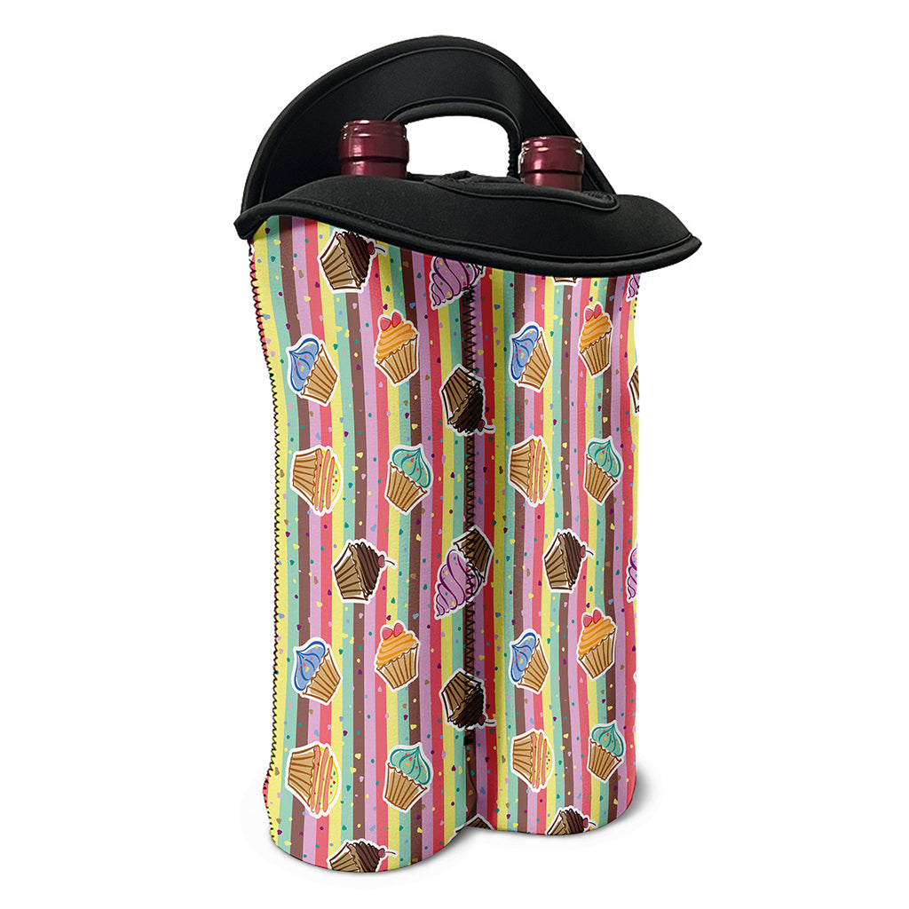 Pastel Striped Cupcake Pattern Print Double Neoprene Wine Tote