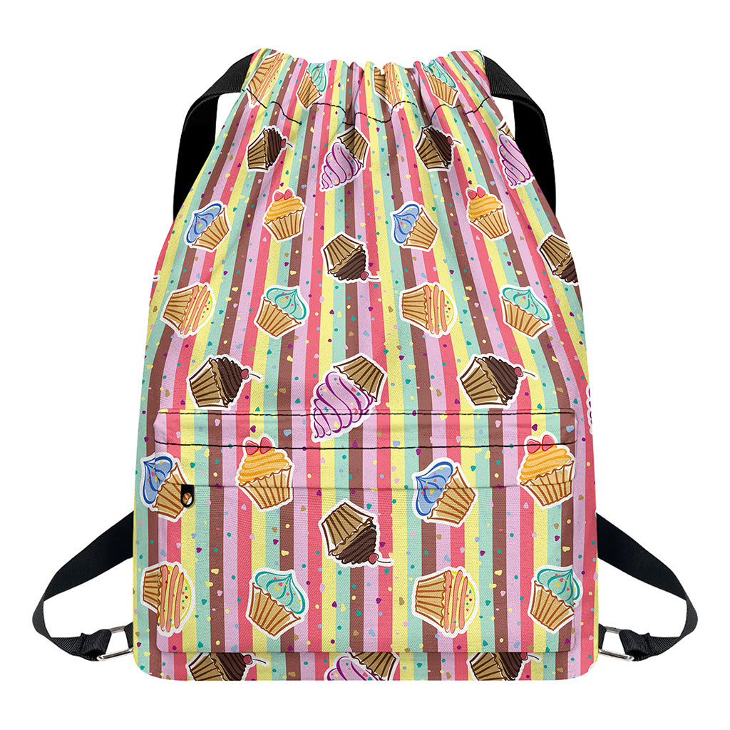 Pastel Striped Cupcake Pattern Print Drawstring Backpack