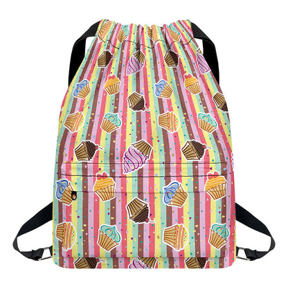 Pastel Striped Cupcake Pattern Print Drawstring Backpack