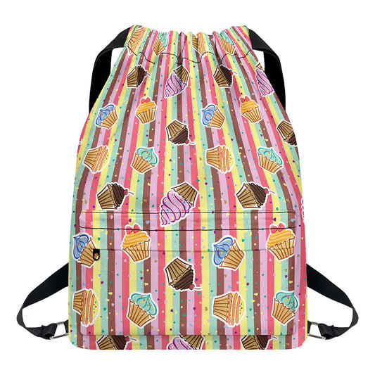 Pastel Striped Cupcake Pattern Print Drawstring Backpack