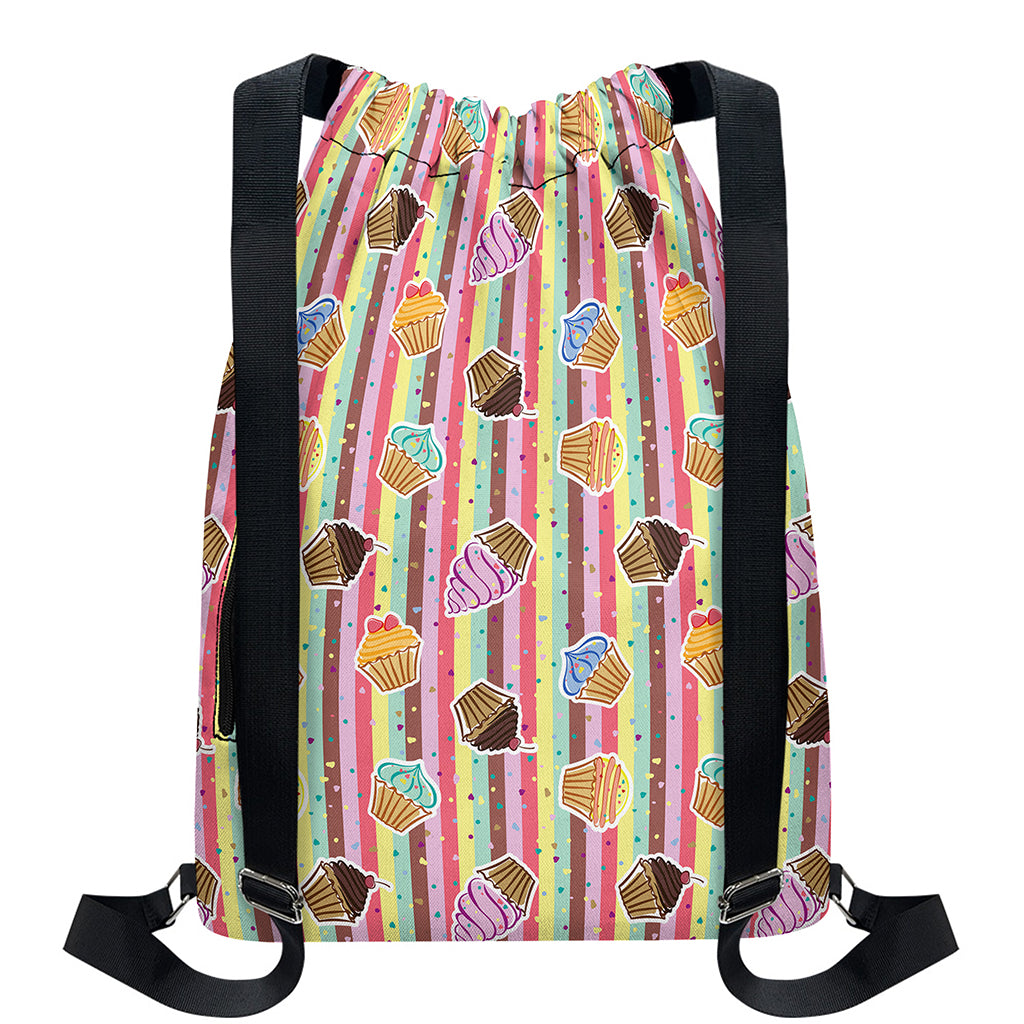 Pastel Striped Cupcake Pattern Print Drawstring Backpack
