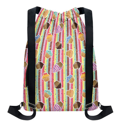 Pastel Striped Cupcake Pattern Print Drawstring Backpack