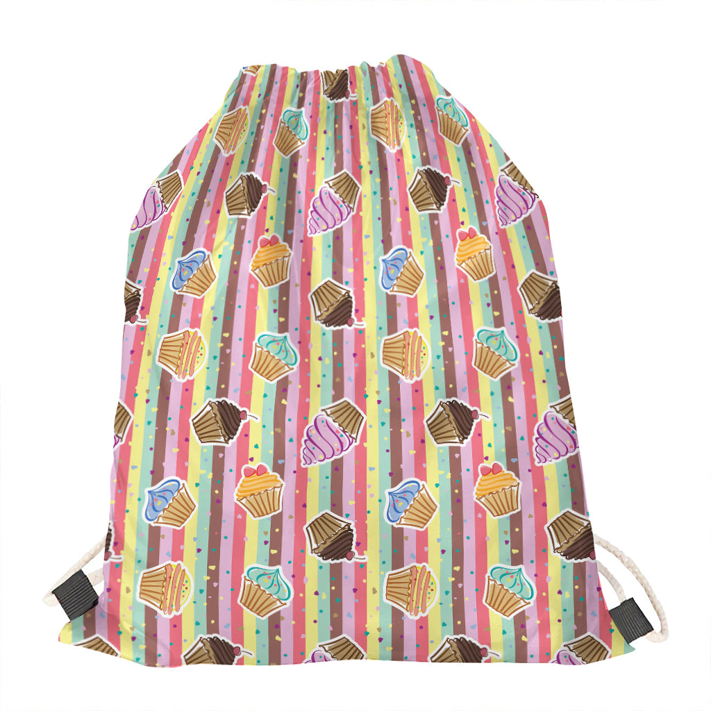 Pastel Striped Cupcake Pattern Print Drawstring Bag