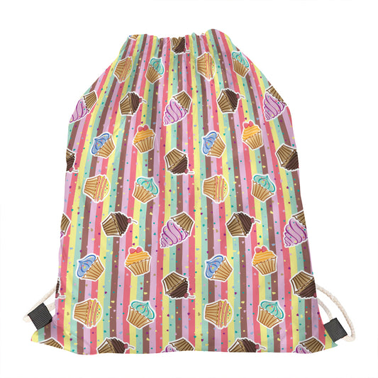 Pastel Striped Cupcake Pattern Print Drawstring Bag
