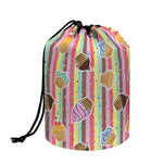 Pastel Striped Cupcake Pattern Print Drawstring Makeup Bag