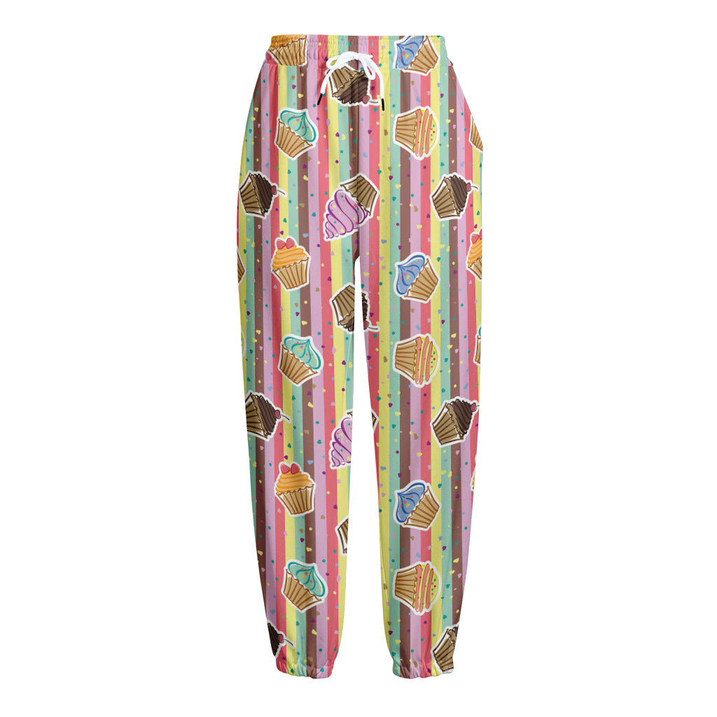 Pastel Striped Cupcake Pattern Print Fleece Lined Knit Pants
