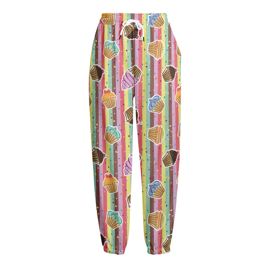 Pastel Striped Cupcake Pattern Print Fleece Lined Knit Pants