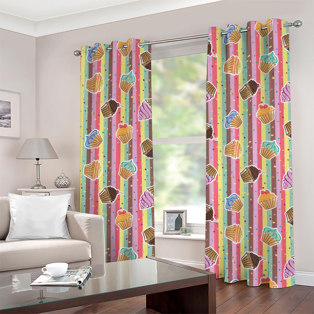 Pastel Striped Cupcake Pattern Print Grommet Curtains