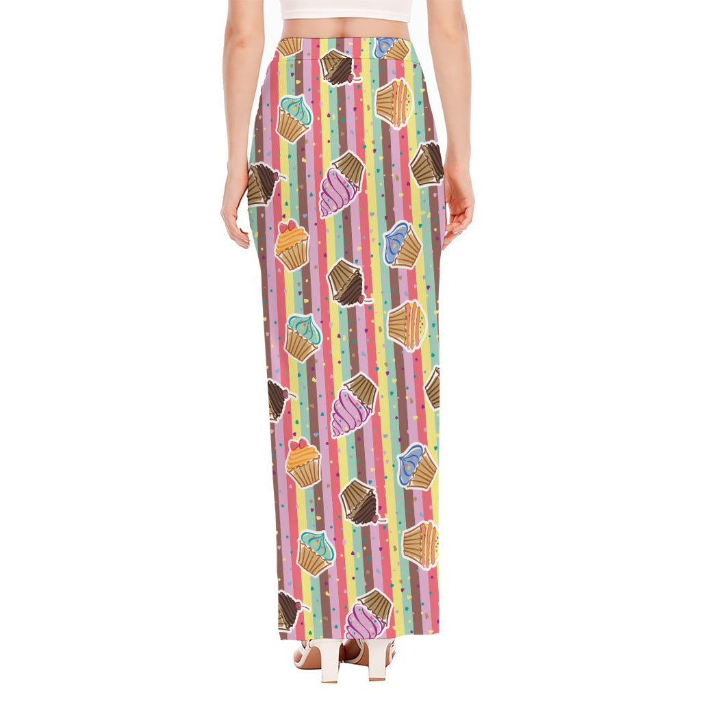 Pastel Striped Cupcake Pattern Print High Slit Maxi Skirt