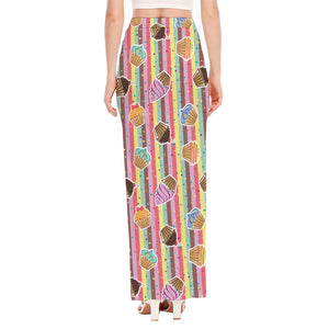 Pastel Striped Cupcake Pattern Print High Slit Maxi Skirt