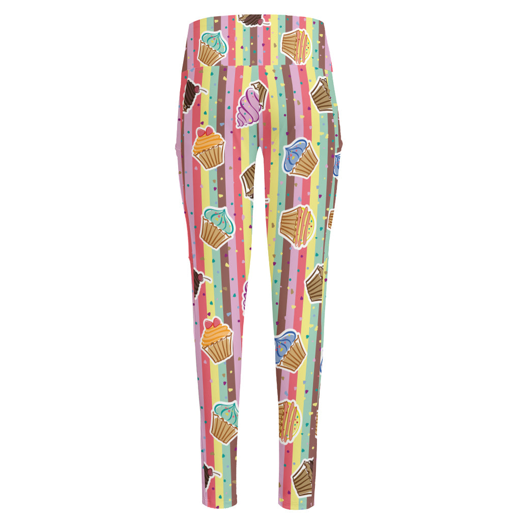 Pastel Striped Cupcake Pattern Print High-Waisted Pocket Leggings