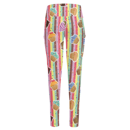 Pastel Striped Cupcake Pattern Print High-Waisted Pocket Leggings
