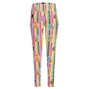 Pastel Striped Cupcake Pattern Print High-Waisted Pocket Leggings