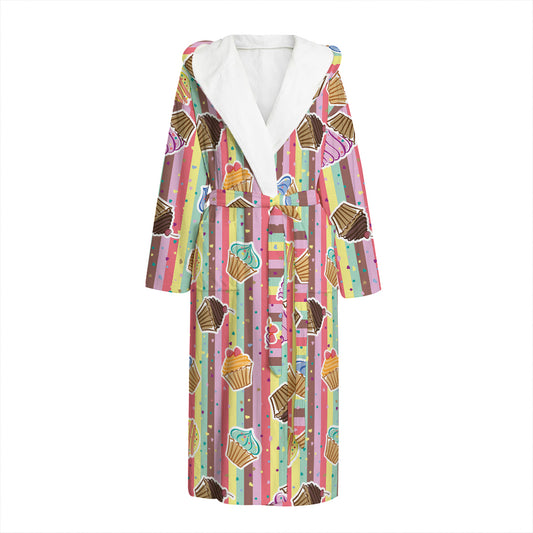 Pastel Striped Cupcake Pattern Print Hooded Bathrobe