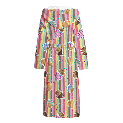Pastel Striped Cupcake Pattern Print Hooded Bathrobe