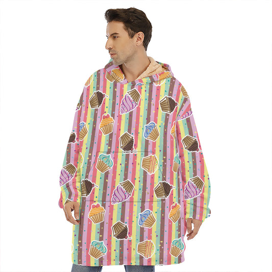 Pastel Striped Cupcake Pattern Print Hoodie Blanket