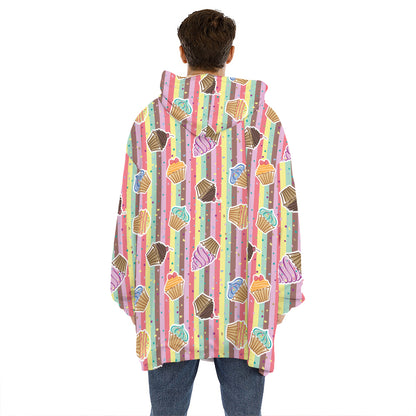 Pastel Striped Cupcake Pattern Print Hoodie Blanket