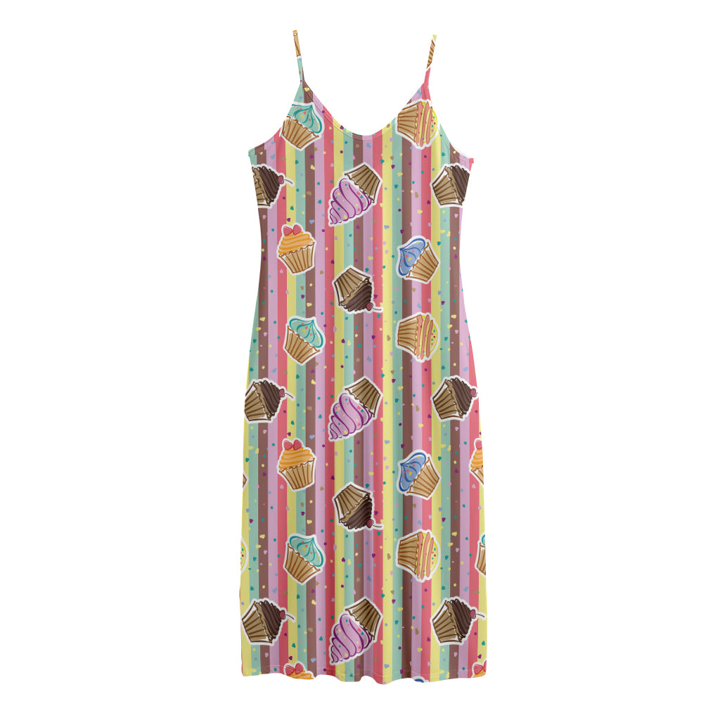 Pastel Striped Cupcake Pattern Print Jersey Midi Cami Dress