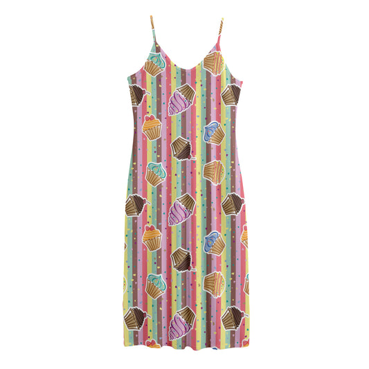 Pastel Striped Cupcake Pattern Print Jersey Midi Cami Dress