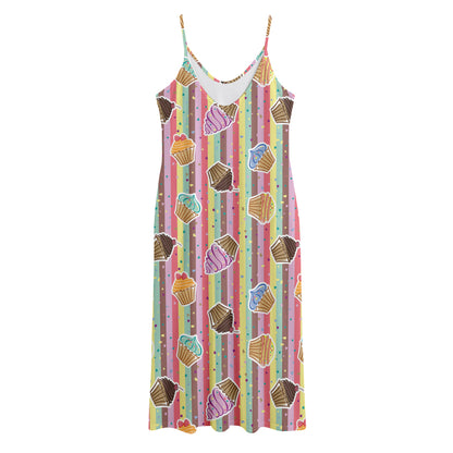 Pastel Striped Cupcake Pattern Print Jersey Midi Cami Dress