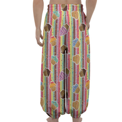 Pastel Striped Cupcake Pattern Print Lantern Pants